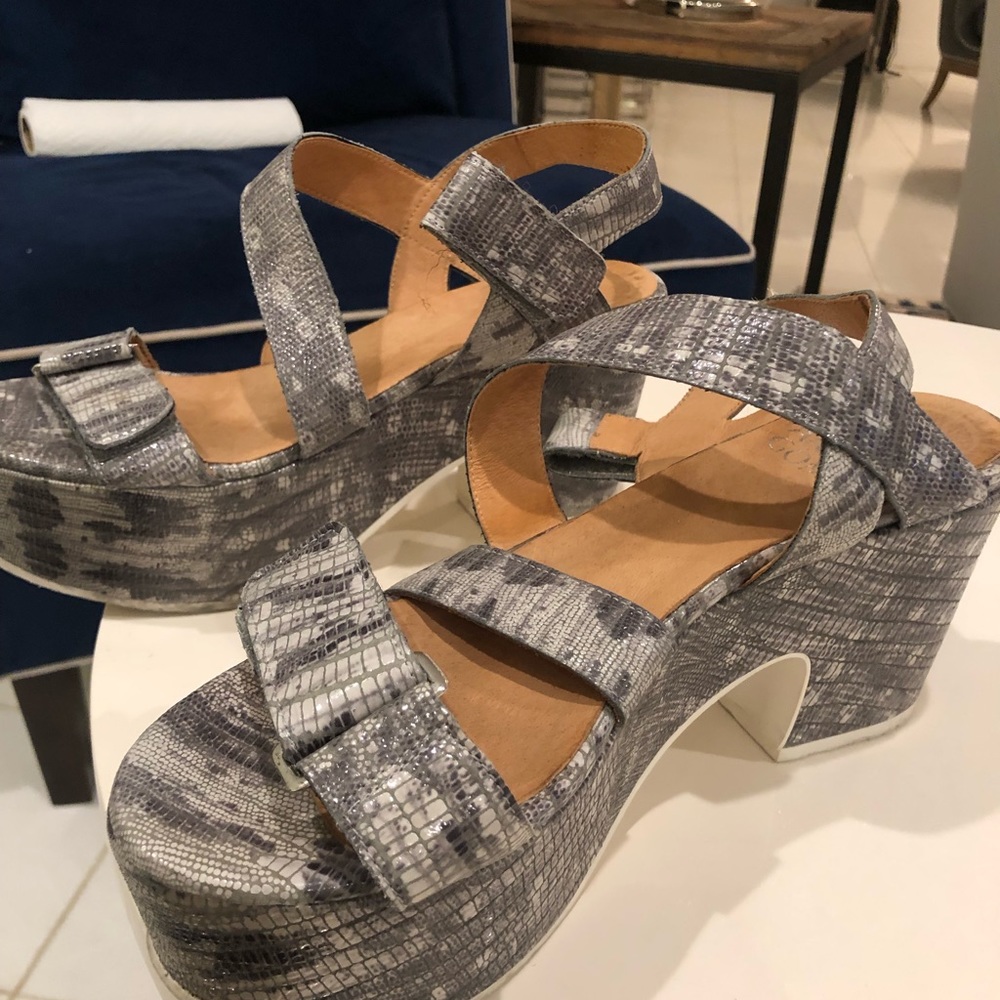 Andrea Gomez snake skin platform sandals
